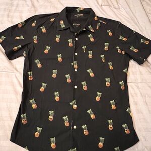 Black Casual Button Down Shirt with Pineapple Print large